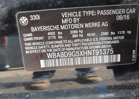 2017 BMW 330I xDrive из США, поврежденный, VIN WBA8D9G5XHNT91375